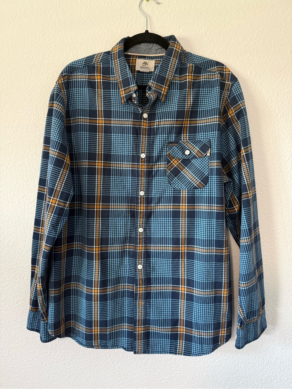 Timberland Men's Plaid Button-Down Shirt in Blue and Tan Accent M1